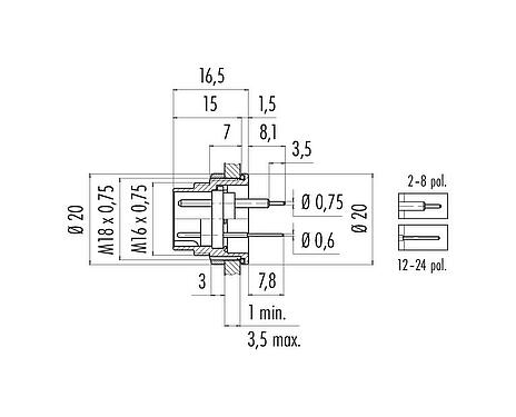 Maßzeichnung 09 0507 90 16 - M16 Flanschstecker, Polzahl: 16, ungeschirmt, THT, IP67, UL, von vorne verschraubbar