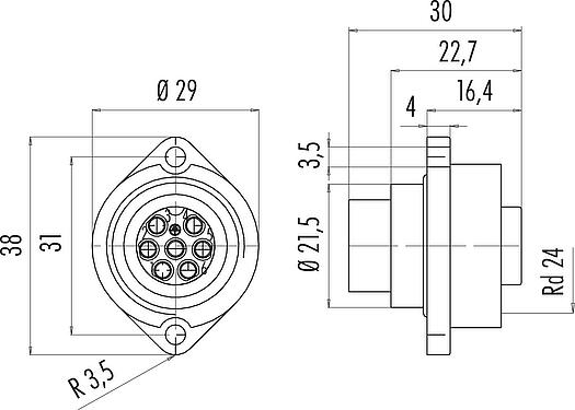 Scale drawing RD24 Female panel mount connector, Contacts: 6+PE, unshielded, crimping (Crimp contacts must be ordered separately), IP67, UL, ESTI+, VDE, Front mounting