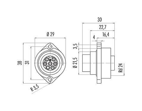 Scale drawing RD24 Female panel mount connector, Contacts: 6+PE, unshielded, crimping (Crimp contacts must be ordered separately), IP67, UL, ESTI+, VDE, Front mounting
