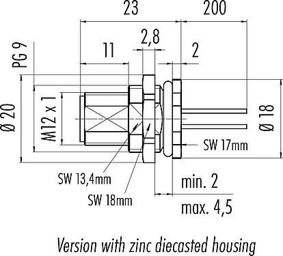 Bản vẽ tỷ lệ M12 Phích cắm gắn bảng, Số lượng cực : 4, không có chống nhiễu, dây đơn, IP68, UL 2238, PG 9, Chốt trung tâm