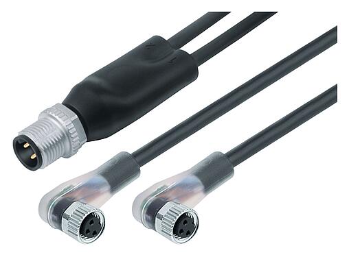 Illustration M12/M8 Male cable splitter - 2 female angled connector, Contacts: 4/3, unshielded, moulded on the cable, IP67, UL 2238, PUR, black, 3 x 0.34 mm², with LED PNP, 2 m