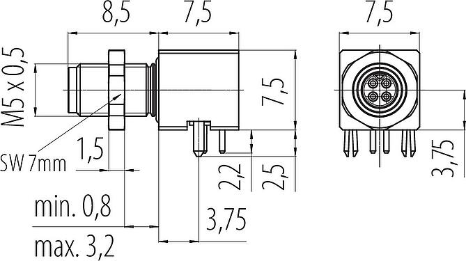 Dessin coté M5 Embase mâle, coudé, Contacts: 4, blindable, souder, IP68, UL 2238, Montage mural arrière, coulé