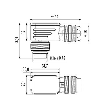 Maßzeichnung M16 Winkelstecker, Polzahl: 3 (03-a), 6,0-8,0 mm, schirmbar, löten, IP67, UL 2238