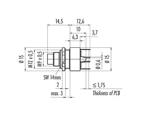 Scale drawing M9 Male panel mount connector, Contacts: 3, shieldable, THT, IP67, M12x0.5, Rear mounting, potted