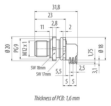 Scale drawing M12 Male panel mount connector, Contacts: 4, shieldable, THT, IP68, UL 2238, PG 9, Rear mounting, potted