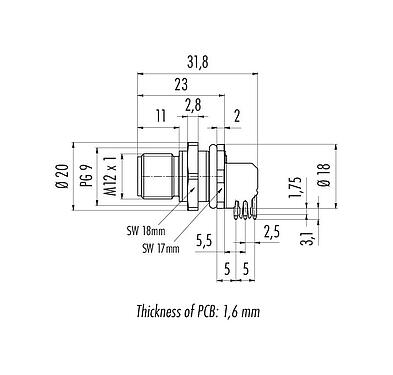Scale drawing 86 0531 1121 00004 - M12 Male panel mount connector, Contacts: 4, shieldable, THT, IP68, UL, PG 9, front fastened