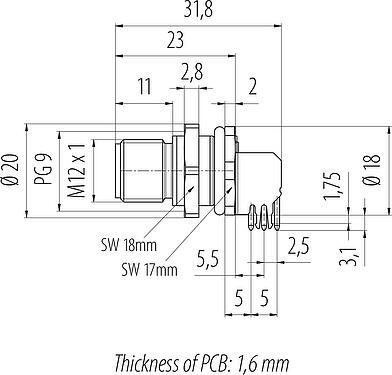 縮尺図 M12 オスパネルマウントコネクタ, 極数: 5, シールド可能, THT, IP68, UL 2238, PG 9, 背面パネルマウント, モールド成形