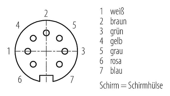 Polbild (Steckseite) M16 Kabeldose, Polzahl: 7 (07-b), geschirmt, am Kabel angespritzt, IP67, PUR, schwarz, 7 x 0,25 mm², 2 m