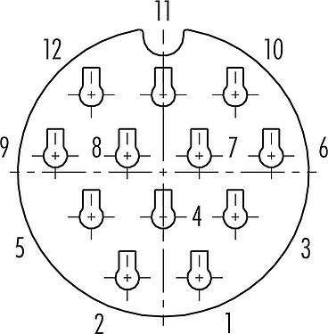 Contactconfiguratie (Insteekbereik) Bajonet Female panel mount connector, aantal polen: 12, onafgeschermd, krimpen (krimpcontacten dienen afzonderlijk te worden besteld), IP68/IP69K, UL 2238, VDE, Frontaansluiting, UV-Beständig