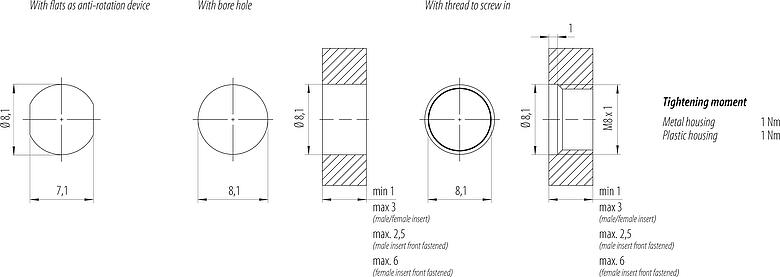 Assembly instructions / Panel cut-out M8 Male panel mount connector, Contacts: 4, unshielded, single wires, IP67, M8x1.0, Front mounting