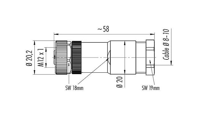 Výkres v měřítku M12 Kabelová box, : 5, 8,0-10,0 mm, nestíněný, šroubovací svorka, IP67, UL 2238, VDE, pro napájení (Power)