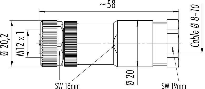Dessin coté M12 Connecteur femelle, Contacts: 4, 8,0-10,0 mm, non blindé, pince à visser, IP67, UL 2238, VDE, PG 11, pour l'alimentation électrique