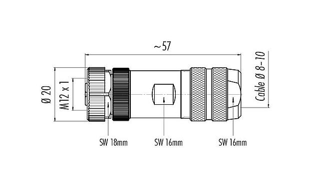 Scale drawing M12 Female cable connector, Contacts: 12, 8.0-10.0 mm, shieldable, solder, IP67, UL 2238, with shielding ring