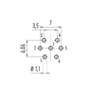 Leiterplattenlayout 09 0127 99 07 - M16 Flanschstecker, Polzahl: 7 (07-a), ungeschirmt, THT, IP67, UL, von vorne verschraubbar