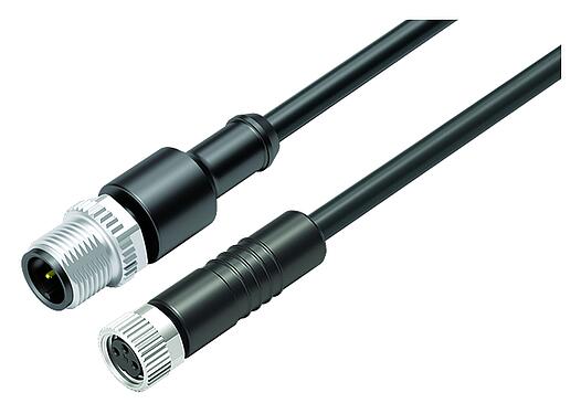 Illustration M12/M8 Male cable connector - female cable connector, Contacts: 3, unshielded, moulded on the cable, IP67/IP69K, UL 2238, PUR, black, 3 x 0.34 mm², 2 m