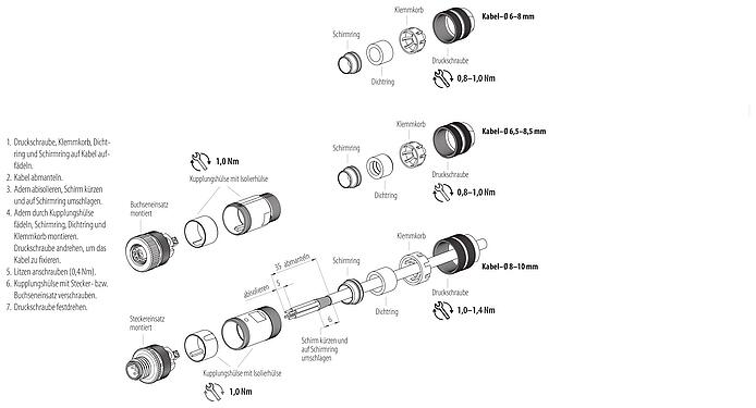 Montageanleitung M12 Kabelstecker, Polzahl: 4, 6,0-8,0 mm, schirmbar, schraubklemm, IP67, UL 2238