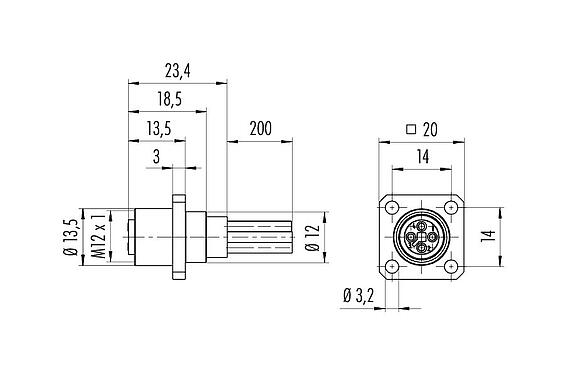 Desenho da escala 09 0632 070 04 - M12 Soquete com flange quadrado, Contatos: 4, desprotegido, fios simples, IP40, UL