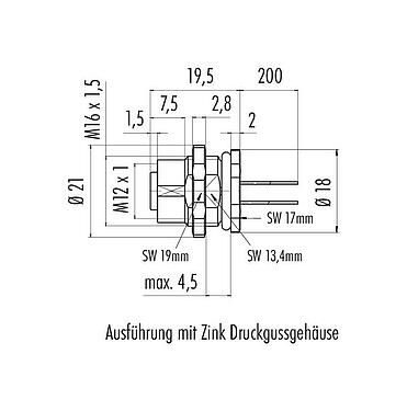 Maßzeichnung M12 Flanschdose, Polzahl: 12, ungeschirmt, Litzen, IP68/IP69K, UL 2238, M16x1,5, Rückwandmontage