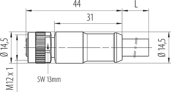 Maßzeichnung M12 Kabeldose, Polzahl: 4, ungeschirmt, am Kabel angespritzt, IP68, UL 2238, PUR, schwarz, 4 x 1,50 mm², 5 m