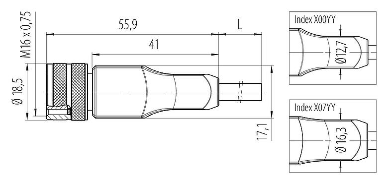 Scale drawing M16 Female cable connector, Contacts: 4, shielded, moulded on the cable, IP67, PUR, black, 4 x 0.34 mm², 2 m