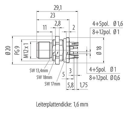 Maßzeichnung M12 Flanschstecker, Polzahl: 12, schirmbar, THT, IP68, UL 2238, PG 9, Rückwandmontage, vergossen