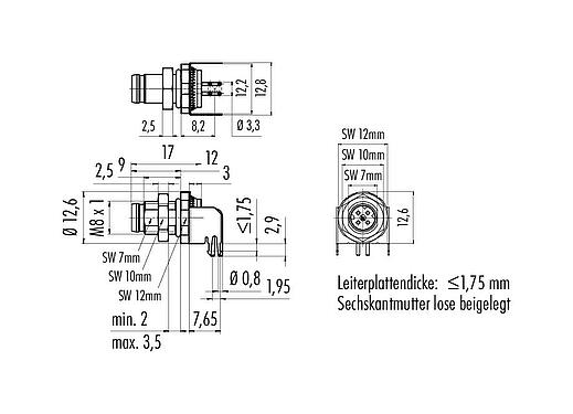 Maßzeichnung M8 Flanschstecker, gewinkelt, Polzahl: 4, schirmbar, THT, IP67, Rückwandmontage