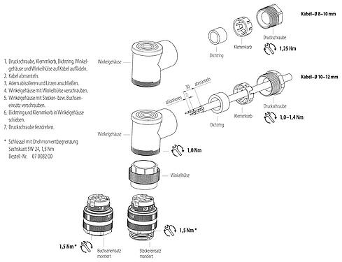 Montageanleitung 7/8" Winkeldose, Polzahl: 2+PE, 10,0-12,0 mm, ungeschirmt, schraubklemm, IP67, UL 2238, VDE