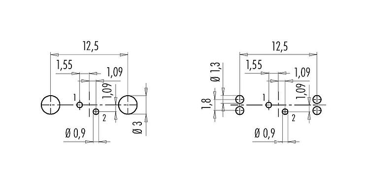 Leiterplattenlayout M9 Flanschdose, Polzahl: 2, schirmbar, THT, IP67, M12x0,5, Rückwandmontage, vergossen