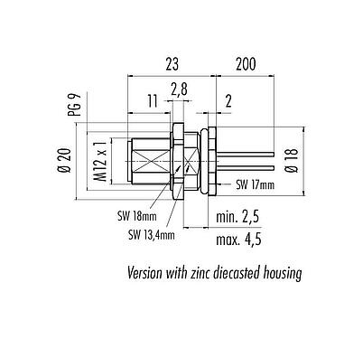 Schaaltekening M12 Male panel mount connector, aantal polen: 4, onafgeschermd, draden, IP68, UL 2238, PG 9, Achterwandmontage