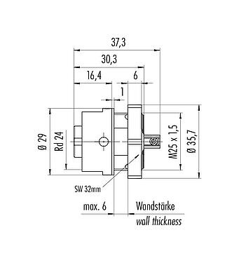 Scale drawing RD24 Female panel mount connector, Contacts: 6+PE, unshielded, screw clamp, IP67, UL, ESTI+, VDE, Front mounting
