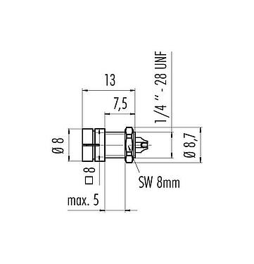 Maßzeichnung Snap-In Flanschstecker, Polzahl: 5, ungeschirmt, löten, IP40, 1/4" 28 UNF, Frontmontage
