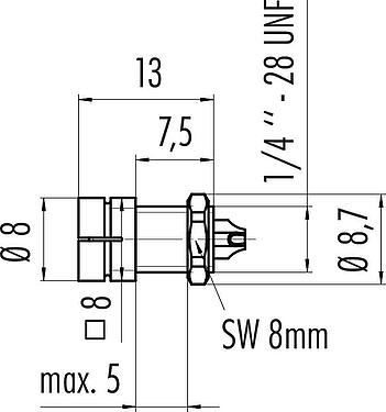 Maßzeichnung Snap-In Flanschstecker, Polzahl: 4, ungeschirmt, löten, IP40, 1/4" 28 UNF, Frontmontage