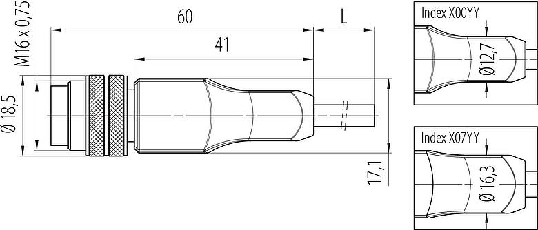 Scale drawing M16 Male cable connector, Contacts: 3, shielded, moulded on the cable, IP67, PUR, black, 3 x 0.34 mm², 5 m