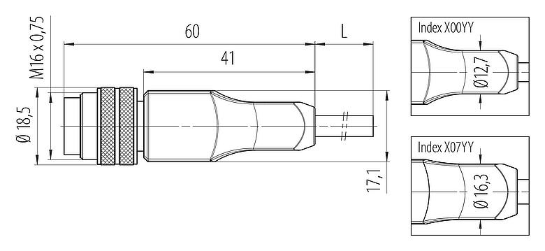 Dibujo a escala M16 Conector de cable macho, Número de contactos: 12, blindado, moldeado en el cable, IP67, PUR, negro, 12 x 0,25 mm², 2 m