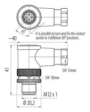 比例图 99 0429 135 04 - M12 弯角针头电缆连接器, 极数: 4, 4.0-6.0mm, 非屏蔽, 螺钉接线, IP67, UL