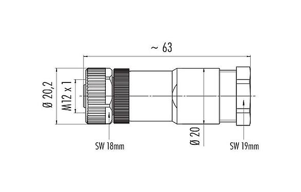 Mittakaavapiirustus M12 Kaapelirasia, Napojen määrä: 8, 8,0-10,0 mm, suojaamaton, ruuviliitin, IP67, UL 2238, PG 11
