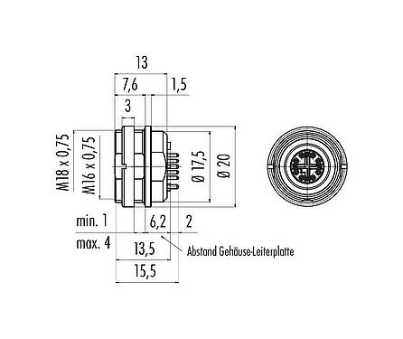 Maßzeichnung M16 Flanschdose, Polzahl: 8, schirmbar, THR, IP67, M18x0,75, Rückwandmontage