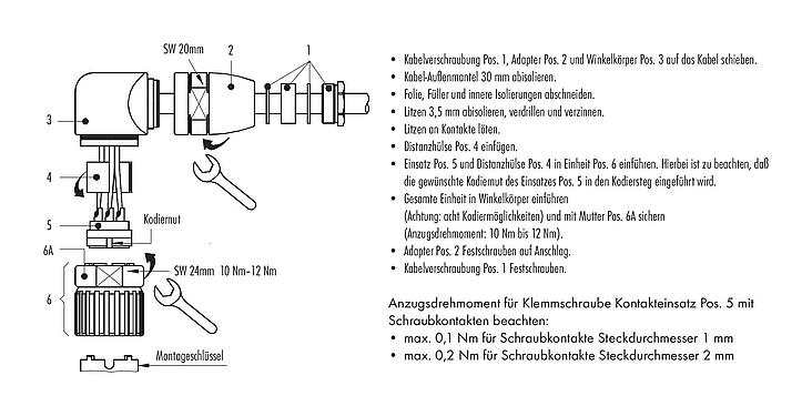 Montageanleitung M23 Winkelstecker, Polzahl: 12, 6,0-10,0 mm, ungeschirmt, löten, IP67
