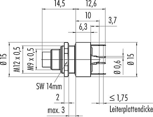 Maßzeichnung M9 Flanschstecker, Polzahl: 8, schirmbar, THT, IP67, M12x0,5, Rückwandmontage, vergossen