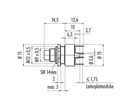 Maßzeichnung M9 Flanschstecker, Polzahl: 2, schirmbar, THT, IP67, M12x0,5, Rückwandmontage, vergossen