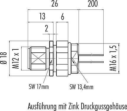 Maßzeichnung M12 Flanschstecker, Polzahl: 5, ungeschirmt, Litzen, IP68, UL 2238, M16x1,5, Frontmontage