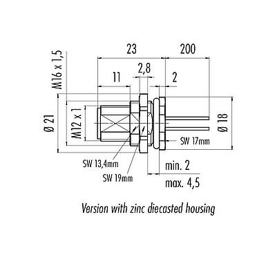 Dibujo a escala M12 Enchufe de brida, Número de contactos: 8, sin blindaje, hilos, IP68, UL 2238, M16x1,5, Montaje en pared