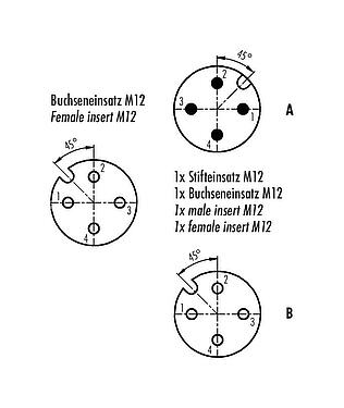 Расположение контактов (вставная сторона) M12 двойная распределительная коробка, Т-образный распределитель, разъем «папа» - 2 разъема «мама», Количество полюсов: 4, не экранированный, вставной, IP68, UL 2238