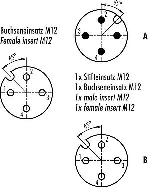 Contact arrangement (Plug-in side) M12 Twin distributors, T-distributor, male connector - 2 female connector, Contacts: 4, unshielded, pluggable, IP68, UL 2238