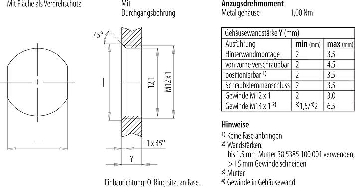 Montageanleitung / Montageausschnitt M12 Flanschdose, Polzahl: 8, schirmbar, THT, IP67, UL, M12x1,0, Frontmontage, vergossen