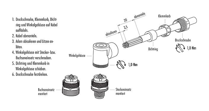 Montageanleitung M12 Winkelstecker, Polzahl: 12, 6,0-8,0 mm, ungeschirmt, löten, IP67, UL 2238