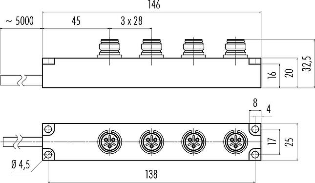 Scale drawing Snap-In 4-way distributor, Contacts: 5, unshielded, moulded on the cable, IP67, 5 x 0.75 mm²