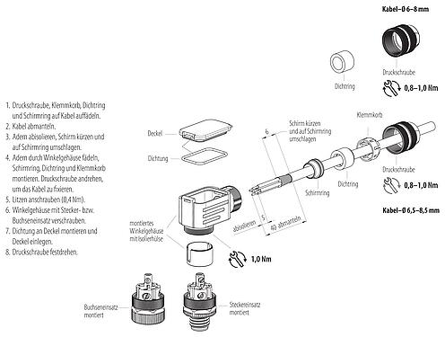 Montageanleitung M12 Winkeldose, Polzahl: 5, 6,0-8,0 mm, schirmbar, schraubklemm, IP67, UL 2238