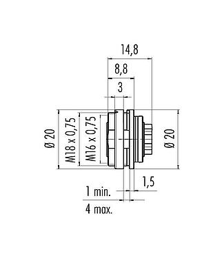 Schaaltekening M16 Female panel mount connector, aantal polen: 5 (05-a), onafgeschermd, krimpen (krimpcontacten dienen afzonderlijk te worden besteld), IP40, M18x0,75, Achterwandmontage