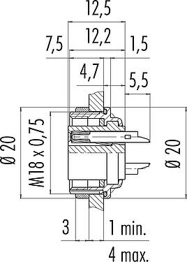 Scale drawing M16 Female panel mount connector, Contacts: 7 (07-a), unshielded, solder, IP67, UL 2238, M18x0,75, Rear mounting